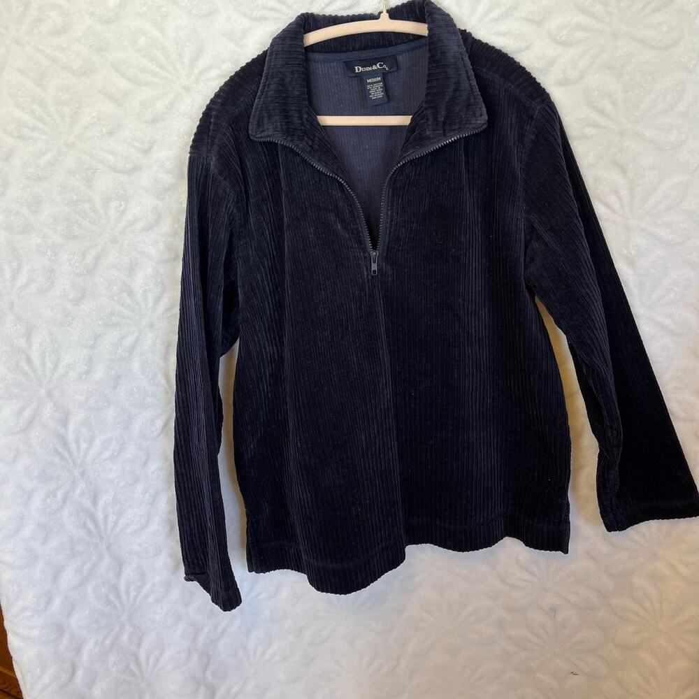 Denim & Co. navy corduroy qrtr zip long sleeve pullover sz M preowned excellent